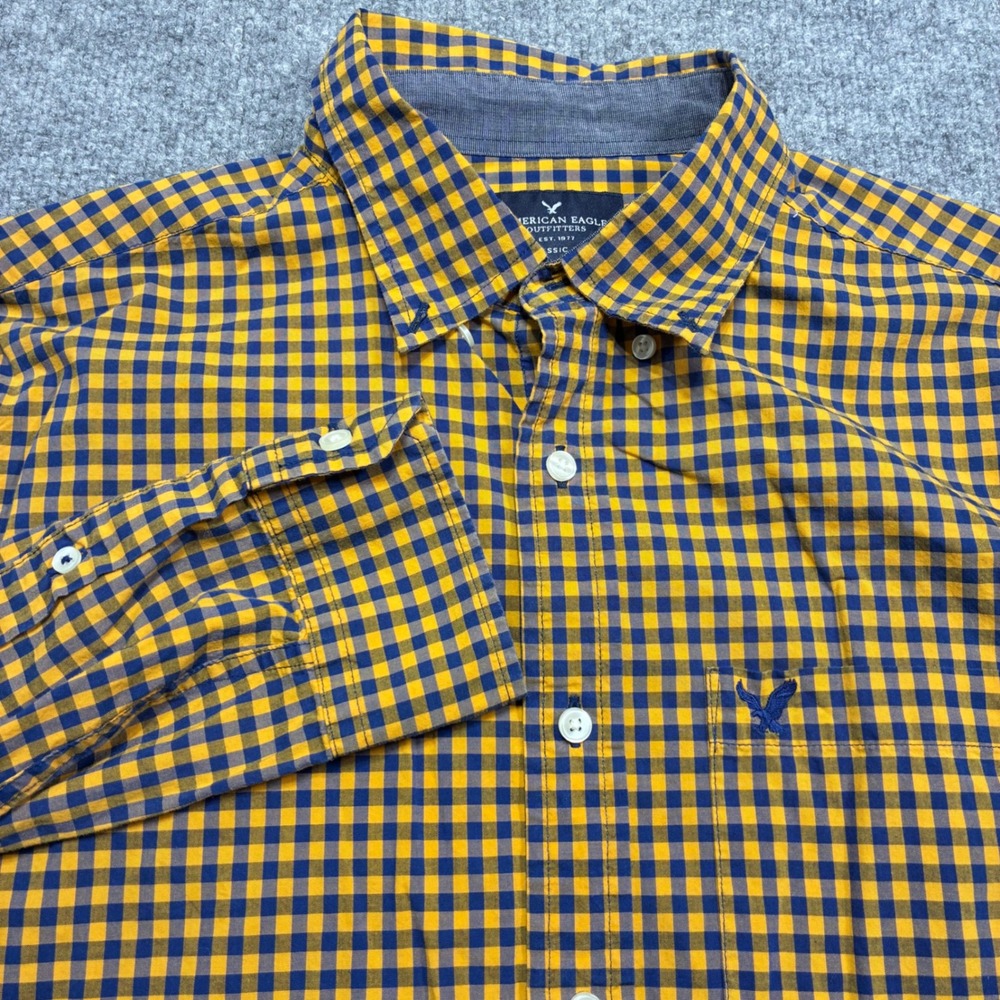 American Eagle Shirt Mens M Yellow Blue Gingham Button Up Long Sleeve Preppy